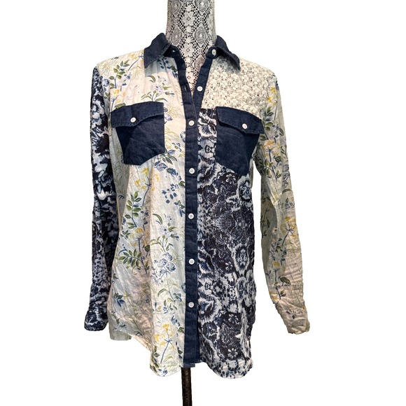 Vintage Gora Tops - Vintage Gora Button Up Blue Floral Peasant Top Lightweight Coastal Beach S